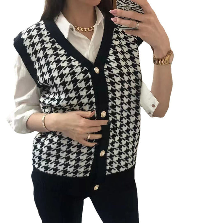 Damen Strickweste mit Hahnentrittmuster und eleganten Perlenknöpfen Drune