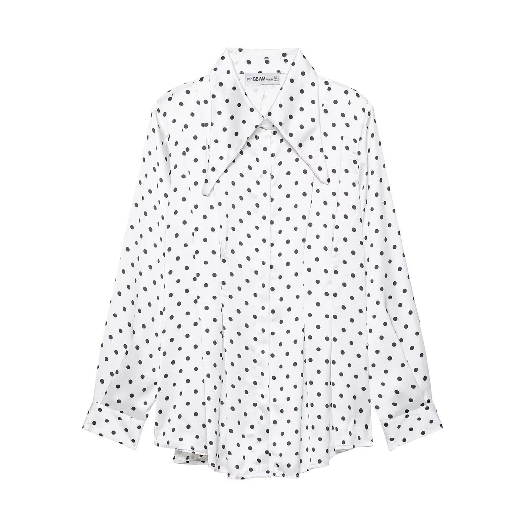 Damen Satinbluse mit übergroßem spitzen Hemdkragen, Faltenpartie und Pünktchen-Print Drune