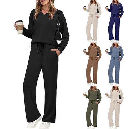 Damen Lässiges Lounge-Set mit V-Ausschnitt-Sweatshirt und weiten Tunnelzug-Hosen Drune