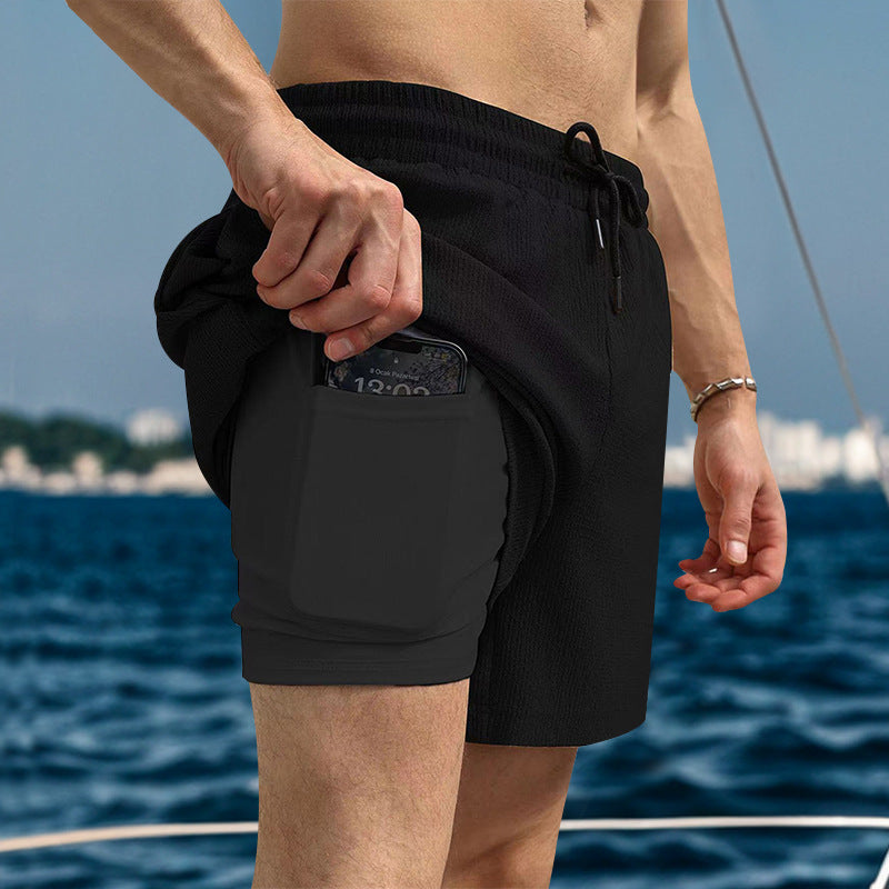 Herren nan zweilagige Badeshorts mit integrierter Kompressions-Innenhose und versteckter Handytasche Drune
