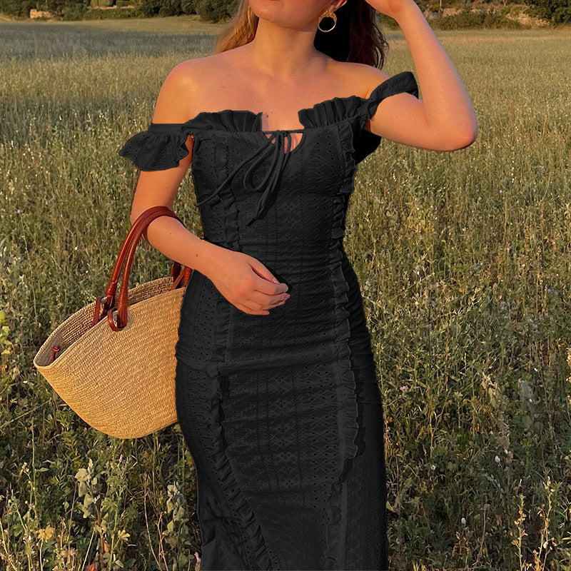 Damen schulterfreies Maxikleid mit Rüschendetails und taillierter Silhouette Drune