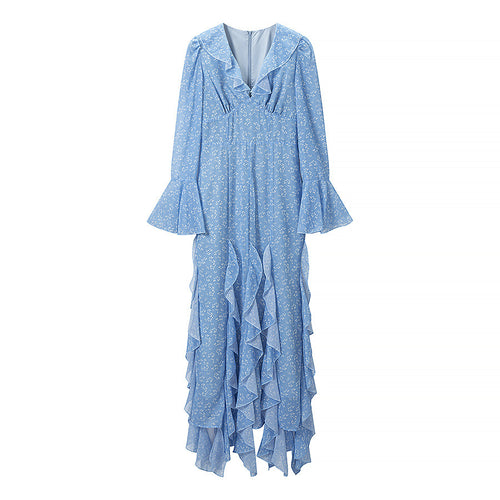 Damen Romantisches Stufen-Rüschen-Maxikleid mit V-Ausschnitt und Glockenärmeln Drune