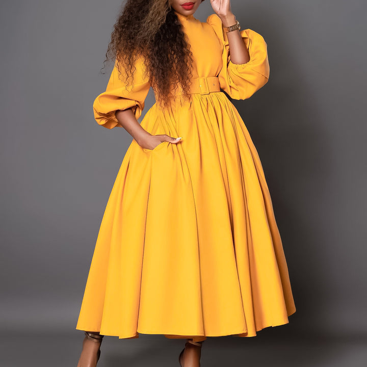 Damen Maxikleid mit hochgeschlossenem Kragen und abnehmbarem Taillengürtel Drune