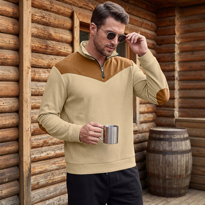 Herren Strickpullover mit Troyerkragen, Rippenstruktur und Ellbogen-Patches Drune
