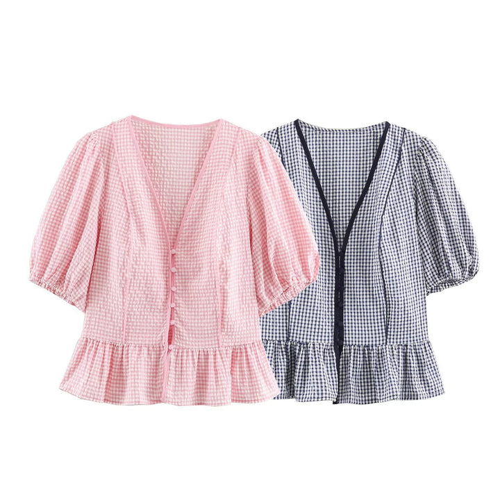 Damen Karierte V‑Neck‑Bluse mit Puffärmeln und Volantsaum Drune