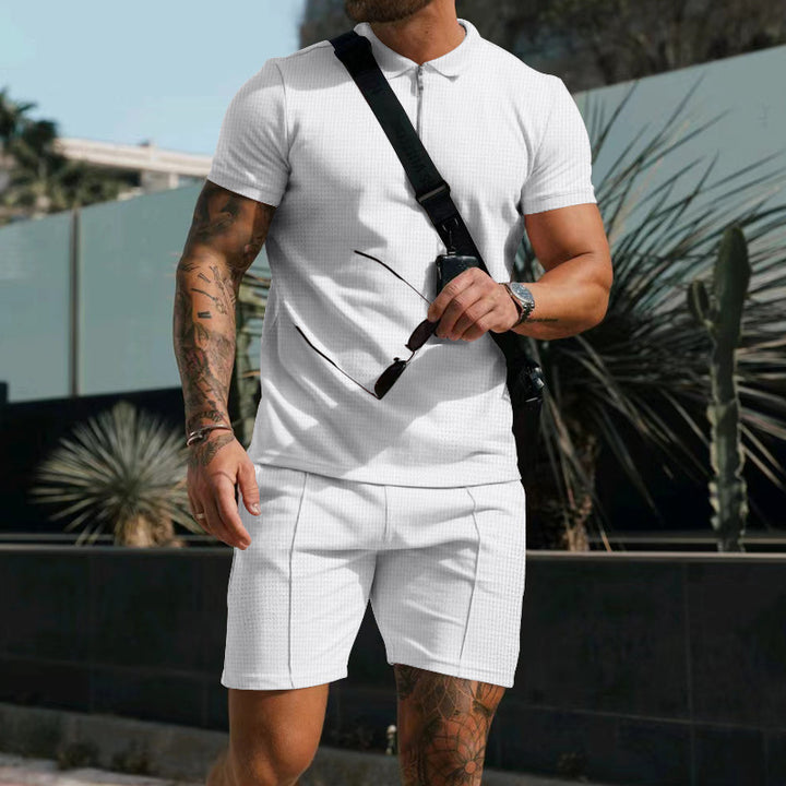 Herren nan sportives Poloshirt- und Chino-Shorts-Set mit halbem Reißverschluss, strukturiertem Jersey und dezenter Bügelfalte Drune