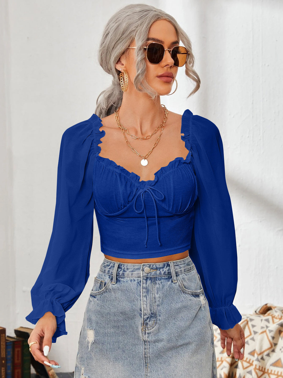 Damen Cropped-Bluse mit Rüschen und eleganten Puffärmeln Drune