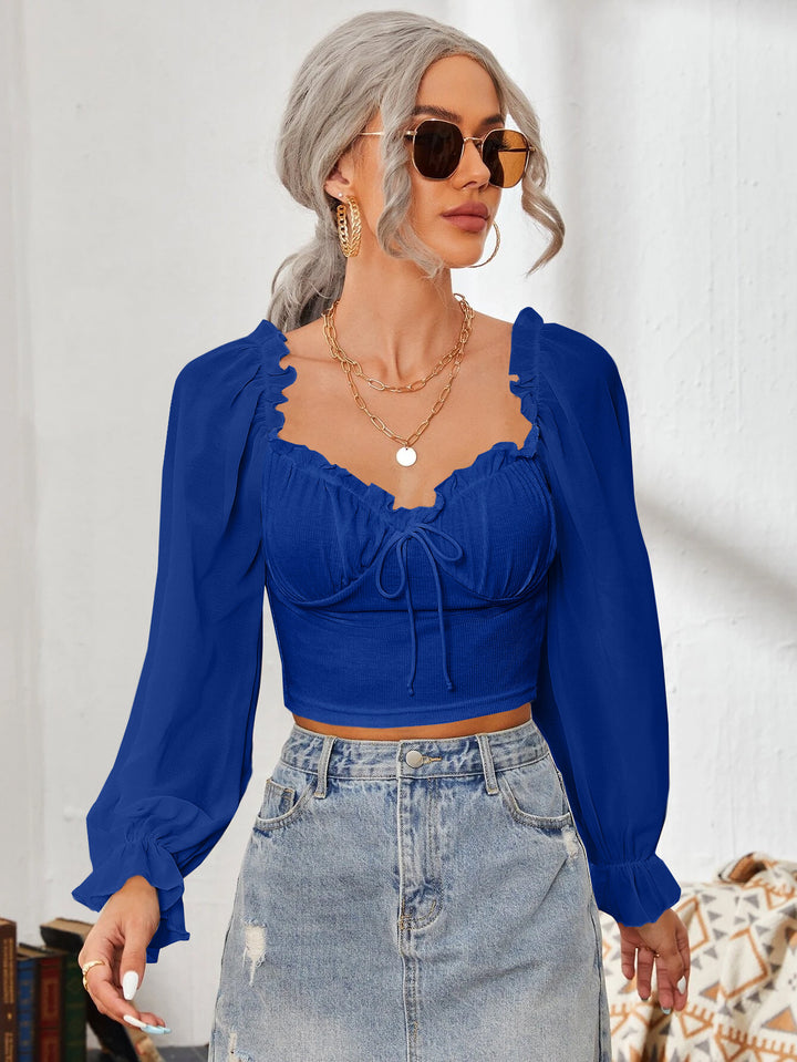 Damen Cropped-Bluse mit Rüschen und eleganten Puffärmeln Drune