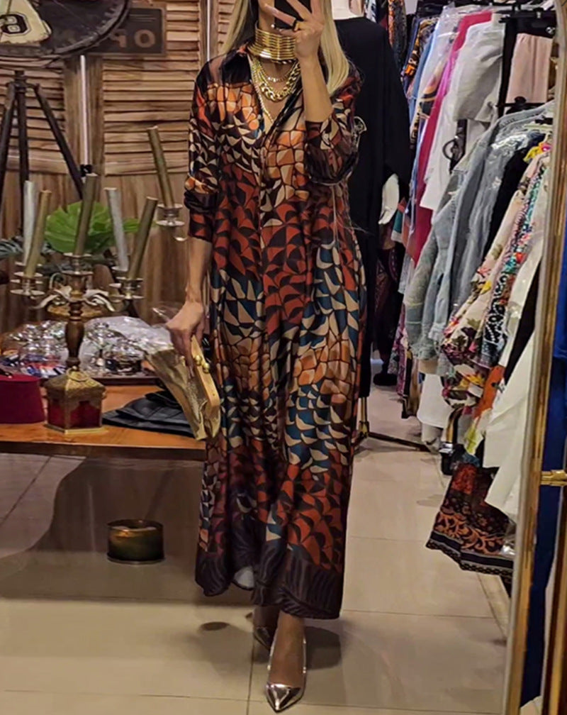 Damen nan fließendes Satin-Hemdkleid mit Hemdkragen, geometrischem Mosaikprint und legerer Maxilänge Drune