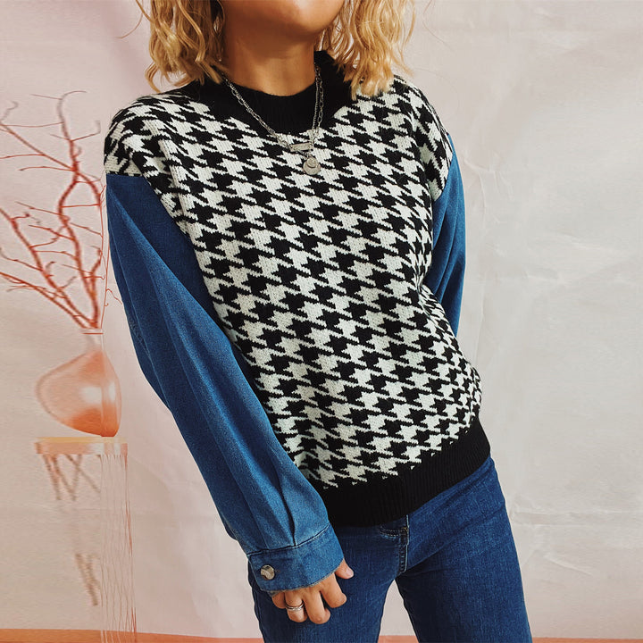 Damen lässiger Pullover mit modernem Hahnentrittmuster und Denim-Ärmeln Drune