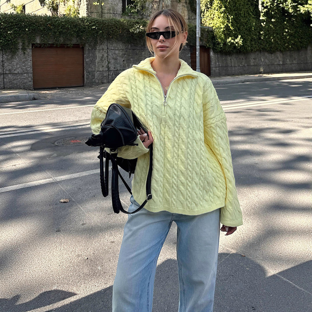 Damen Strickpullover mit halbem Reißverschluss und Zopfmuster Drune