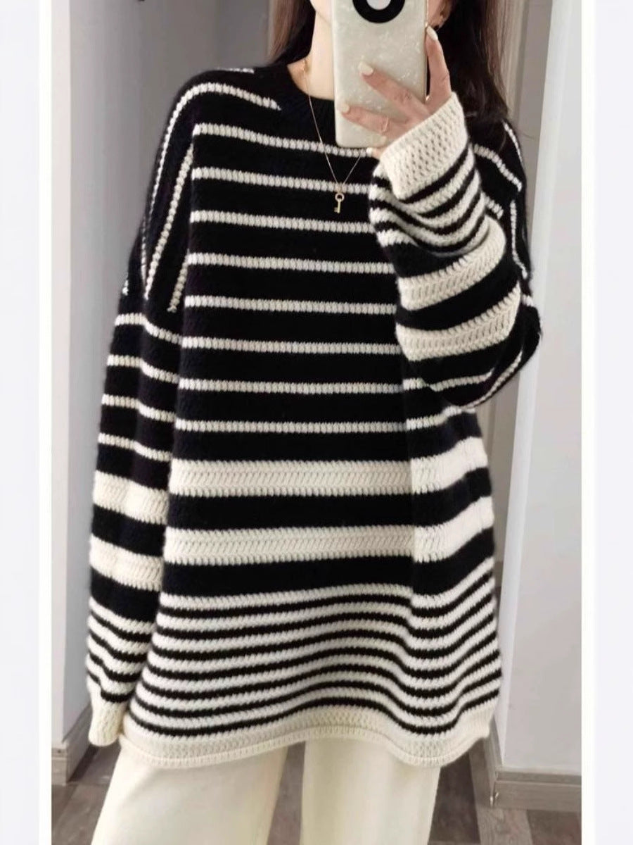 Damen Oversize-Longpullover aus grobem Streifenstrick mit Rundhalsausschnitt Drune