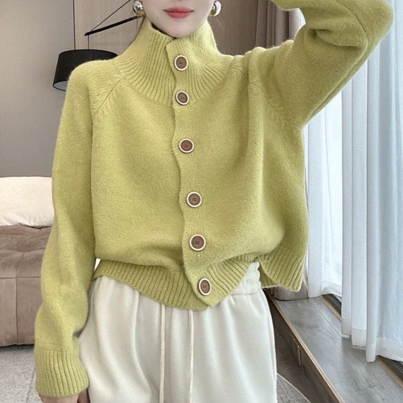 Damen kuscheliger Hochkragen-Cardigan mit Knopfdetails Drune