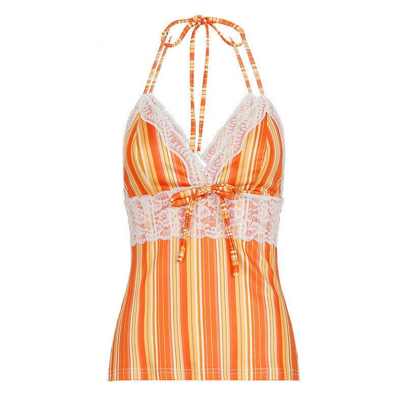 Damen Charmantes Spaghetti-Top mit Spitzenakzenten und Streifenmuster Drune