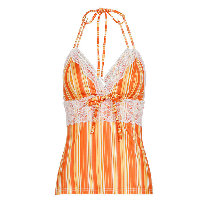 Damen Charmantes Spaghetti-Top mit Spitzenakzenten und Streifenmuster Drune