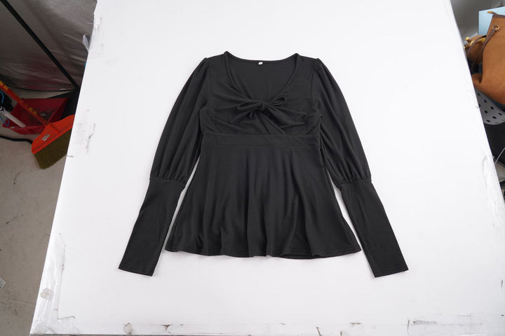 Damen Tailliertes Peplum-Top mit V-Ausschnitt, Knotendetail und Puffärmeln Drune