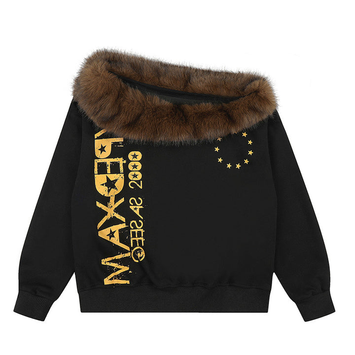 Damen Oversize-Sweatshirt mit Kunstfellkragen, Rippbündchen und Statement-Print Drune