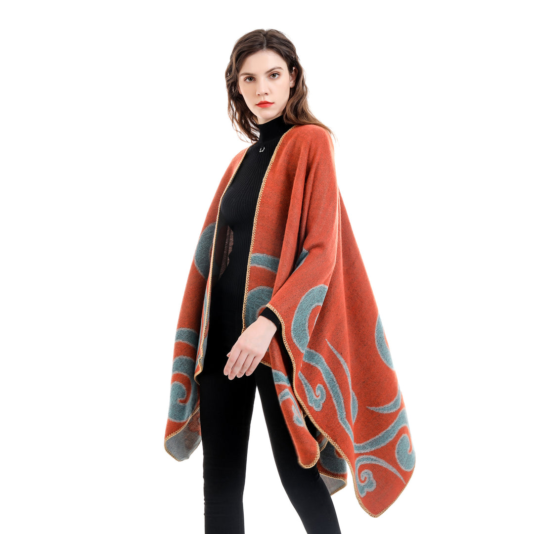 Damen Wollmix-Capeponcho im Ruana-Schnitt mit ornamentaler Intarsienstruktur Drune
