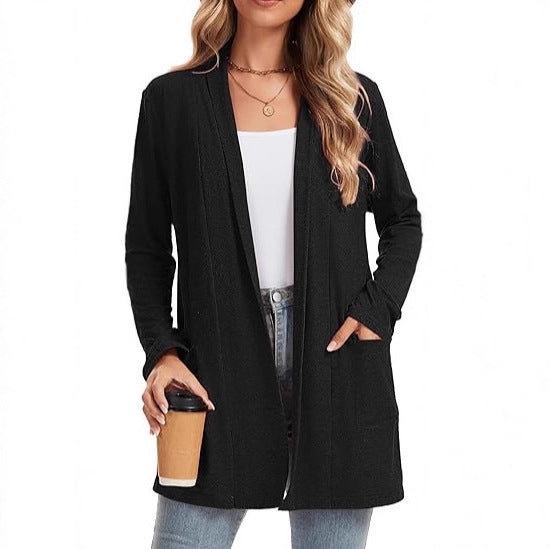 Damen lässiger Langarm-Cardigan mit offenen Front und Taschen Drune