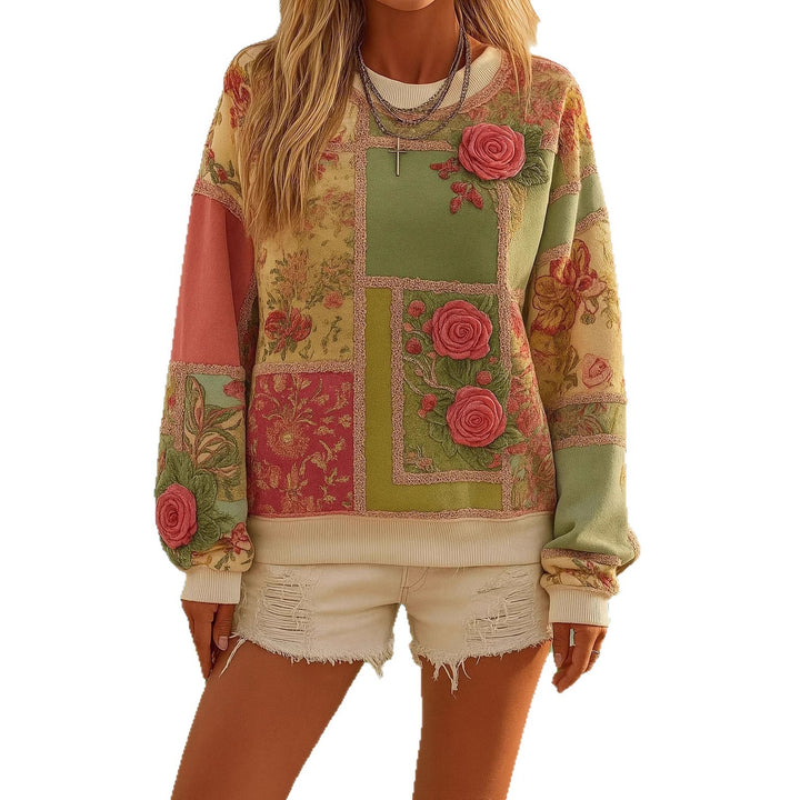 Damen Gemustertes Oversize-Sweatshirt mit dreidimensionalen Rosenapplikationen und Rippbündchen Drune