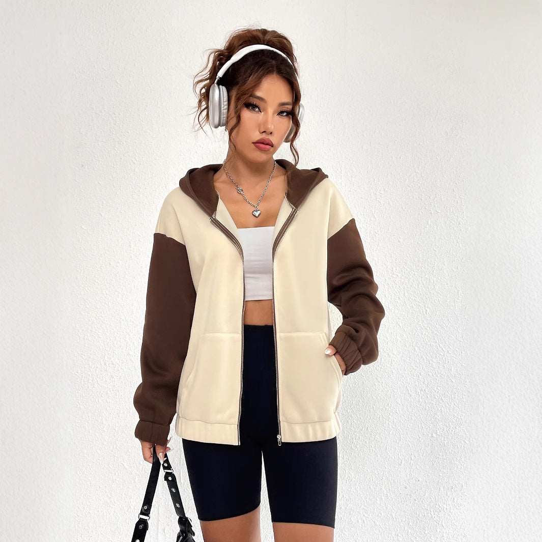 Damen lässige Sweatjacke mit kontrastierenden Ärmeln und Kapuze Drune