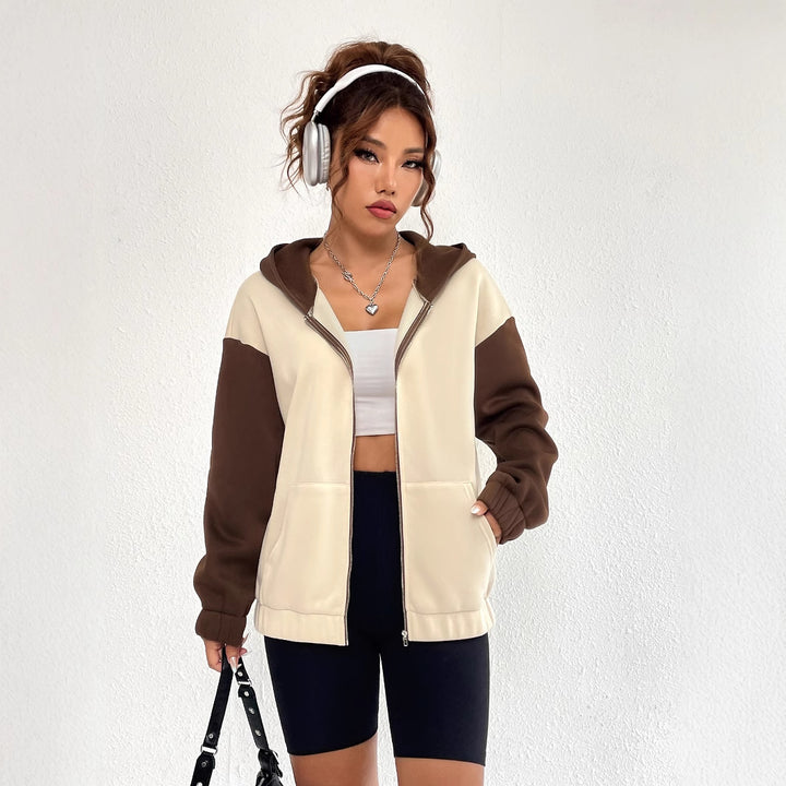 Damen lässige Sweatjacke mit kontrastierenden Ärmeln und Kapuze Drune