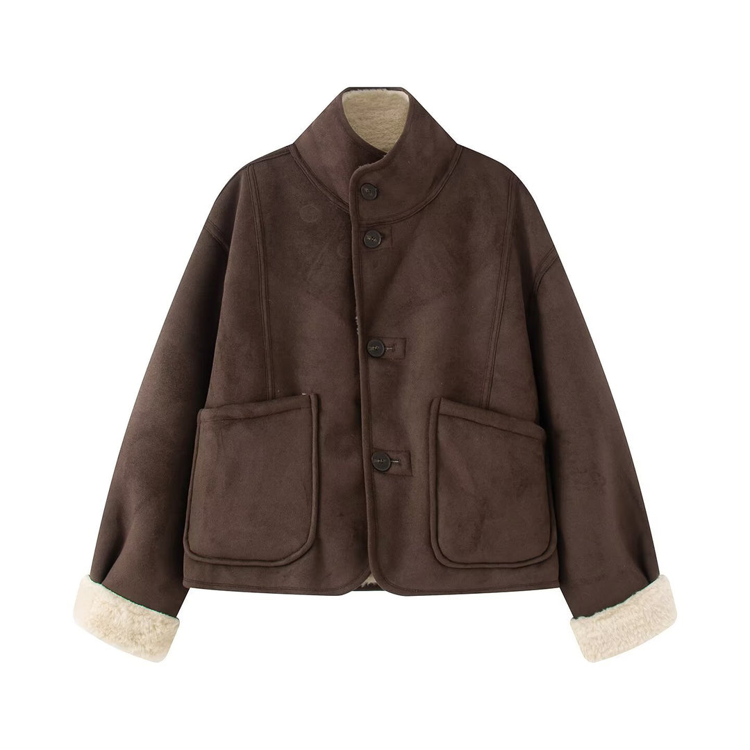Damen Kurze Schaffelloptik-Jacke mit Stehkragen und großen aufgesetzten Taschen Drune