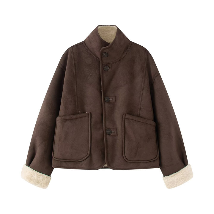Damen Kurze Schaffelloptik-Jacke mit Stehkragen und großen aufgesetzten Taschen Drune