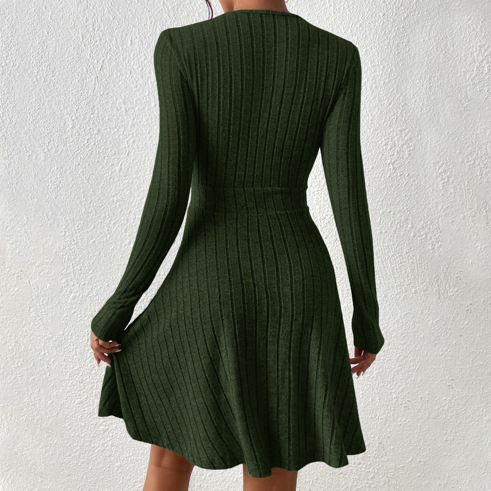 Damen figurschmeichelndes geripptes Wickel-Strickkleid mit tailliertem Bund und ausgestelltem Rock Drune