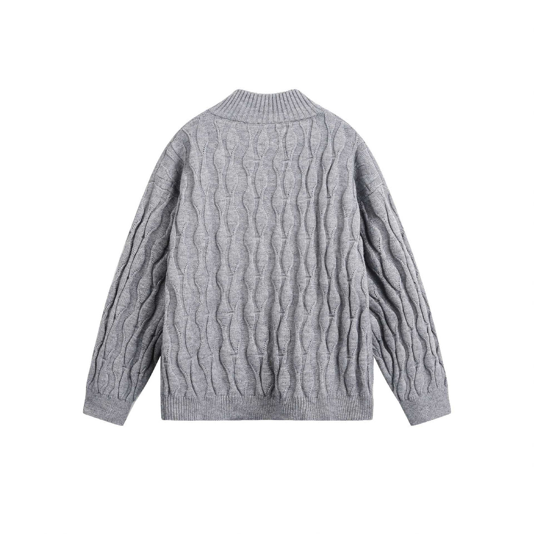 Unisex Grobgestrickter Halfzip-Pullover mit Zopfmuster und Stehkragen Drune