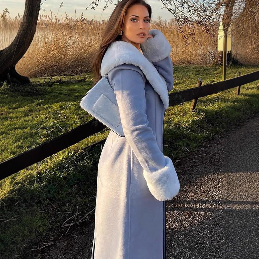 Damen Eleganter lang geschnittener Mantel aus Velours‑Optik mit voluminösem Kunstfell‑Schalkragen Drune