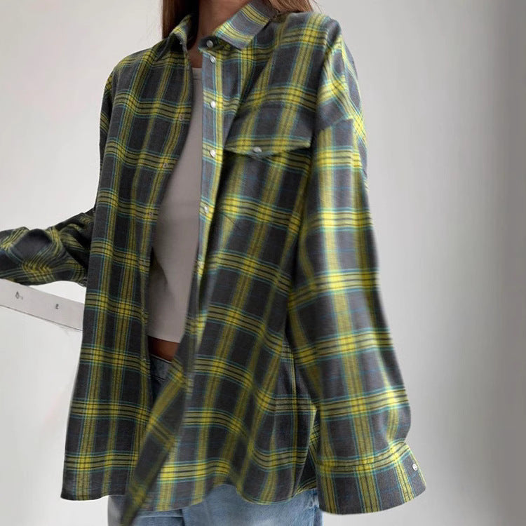 Damen Karo Oversize Flanellhemd Bluse mit Druckknopfblende und Hemdkragen Drune