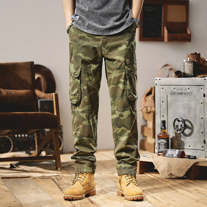 Herren Camouflage-Utility-Cargohose mit Mehrfachklappentaschen, Kniepaneelen und Kordelabschluss Drune