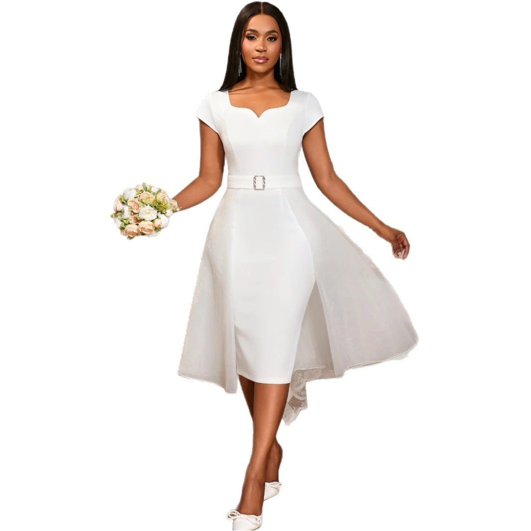 Damen stilvolles A-Linien Kleid mit schickem Tüllüberwurf und dekorativem Taillengürtel Drune