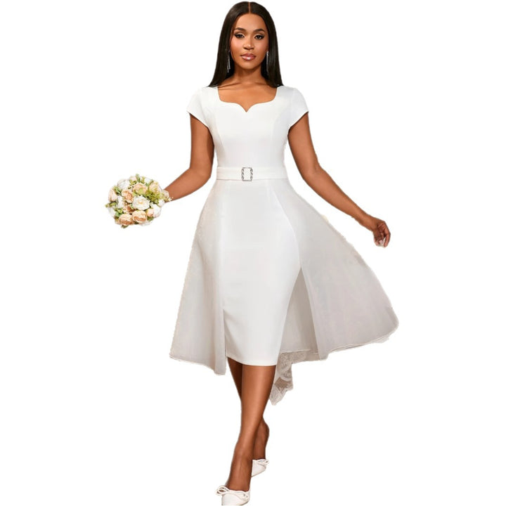 Damen stilvolles A-Linien Kleid mit schickem Tüllüberwurf und dekorativem Taillengürtel Drune