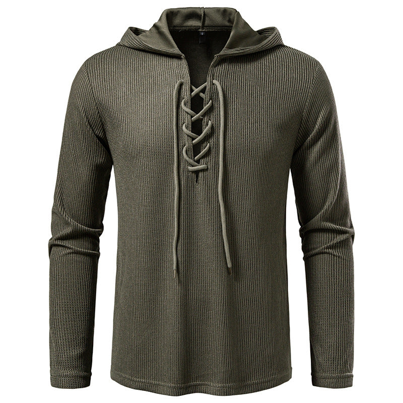 Herren Waffelstrick-Kapuzenpullover mit Schnürkragen und geradem Saum Drune