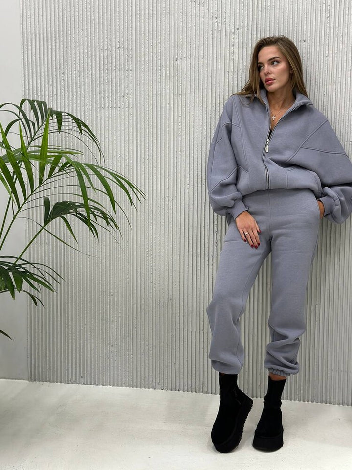 Damen Oversize-Halbzip-Sweatjacke mit sculptender High-Waist-Jogginghose aus schwerem French-Terry Drune