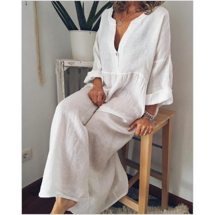 Damen Langes Leinen-Maxikleid mit V-Ausschnitt, geraffter Taille und 3/4-Ärmeln Drune