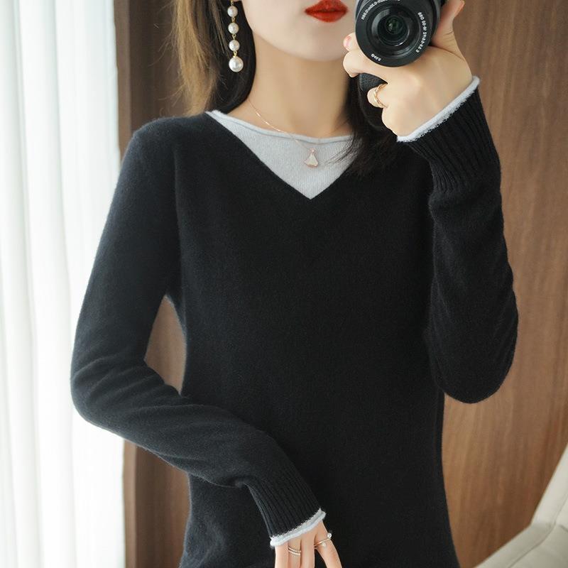 Damen Weicher V‑Ausschnitt-Pullover aus Kaschmir‑Look mit kontrastierter Kantenverzierung Drune