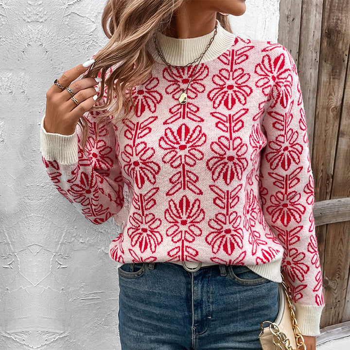 Damen GDrunelümter Jacquard-Strickpullover mit Rundhalsausschnitt und gerippten Bündchen Drune