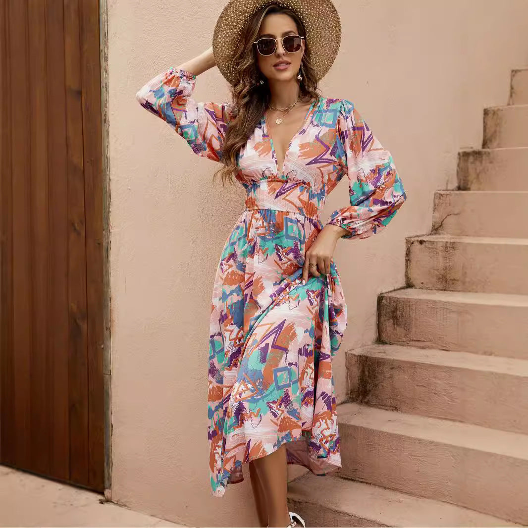 Damen Maxi-Kleid mit tiefem V-Ausschnitt und eleganten langen Ärmeln Drune
