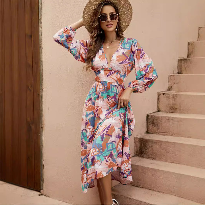 Damen Maxi-Kleid mit tiefem V-Ausschnitt und eleganten langen Ärmeln Drune