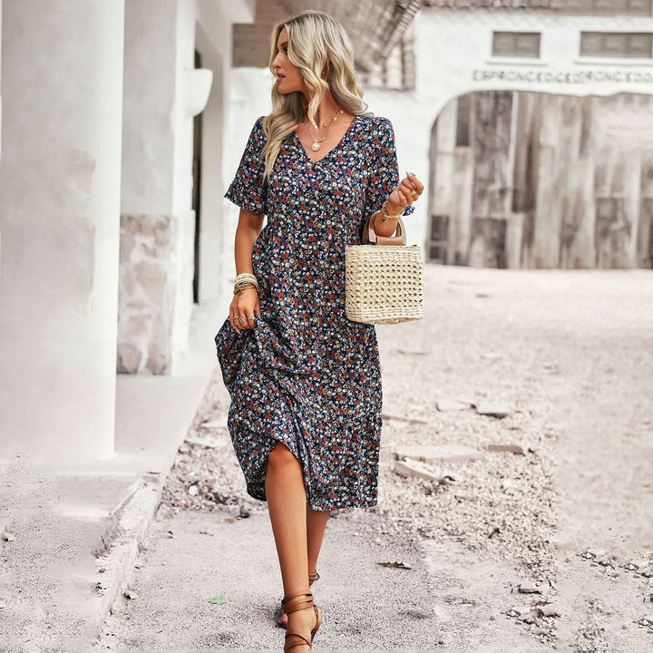 Damen Midi-Kleid mit Floralem Muster und Verspieltem V-Ausschnitt Drune