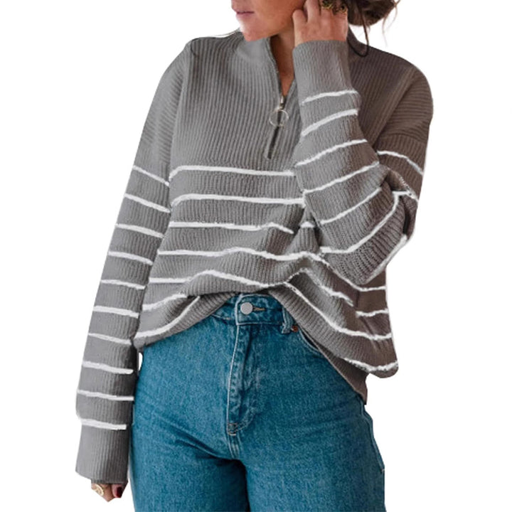Damen lässiger Pullover mit kurzem Reißverschluss und Streifenmuster Drune