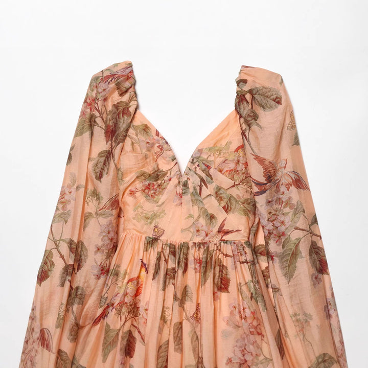 Damen nan florales V-Neck Stufenmidikleid mit tiefem Dekolleté und geraffter Taillenpartie Drune