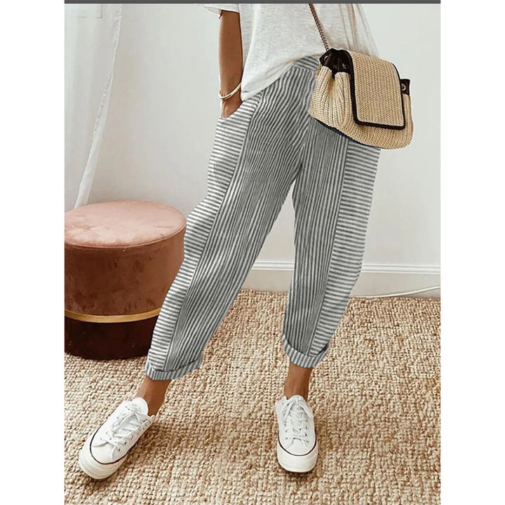 Damen Freizeit Leinenlook Hose mit Streifen, elastischem Bund und Saumabschluss Drune