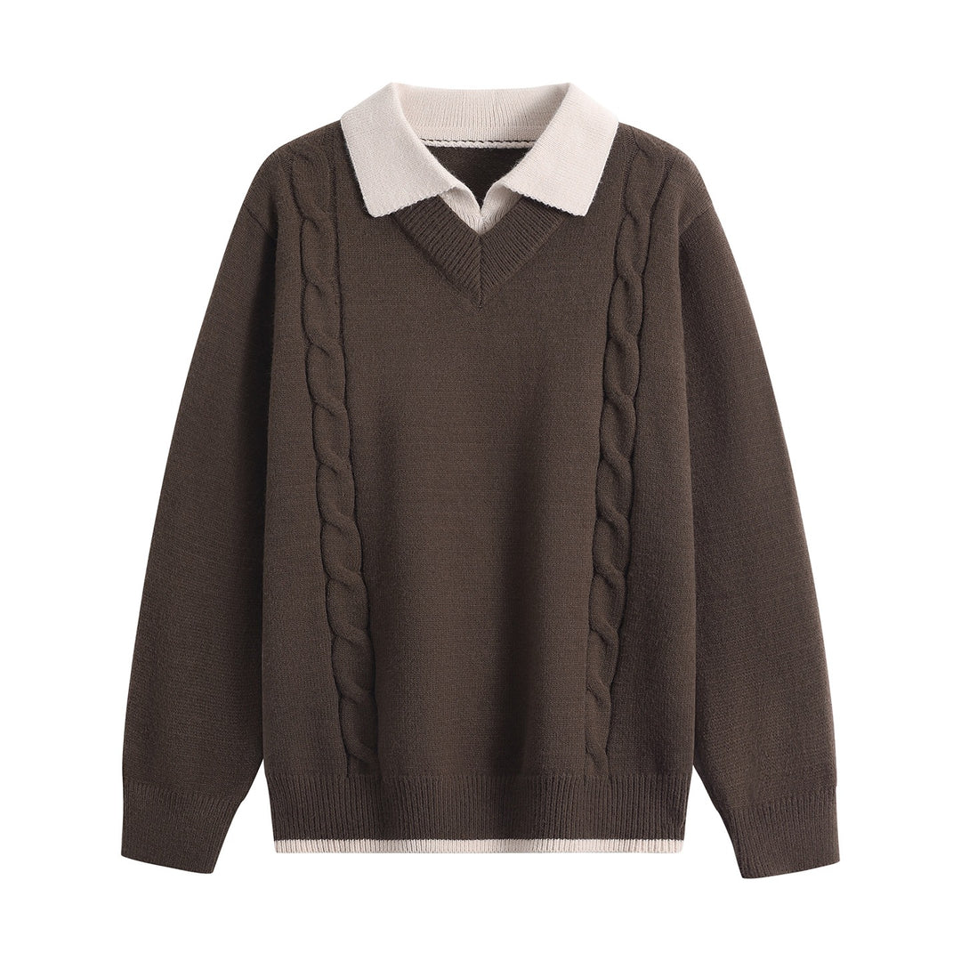 Damen Oversize-Pullover mit V-Ausschnitt, kontrastierendem Polokragen & Zopfstrick-Details Drune