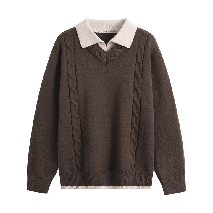 Damen Oversize-Pullover mit V-Ausschnitt, kontrastierendem Polokragen & Zopfstrick-Details Drune