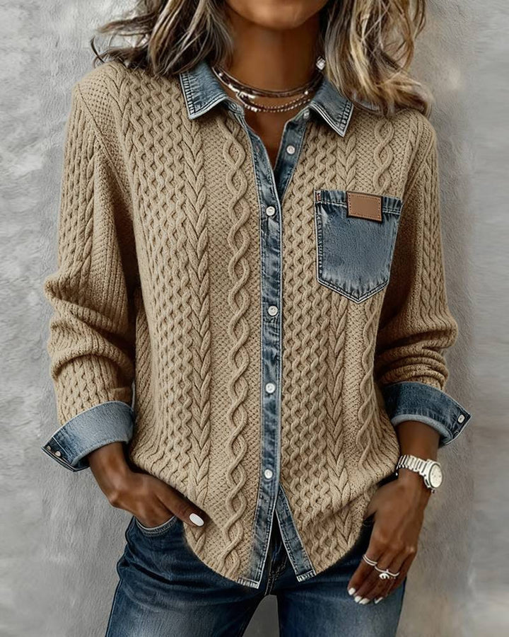 Damen nan geflochtener Strickpullover mit integriertem Jeanskragen und Brusttasche Drune