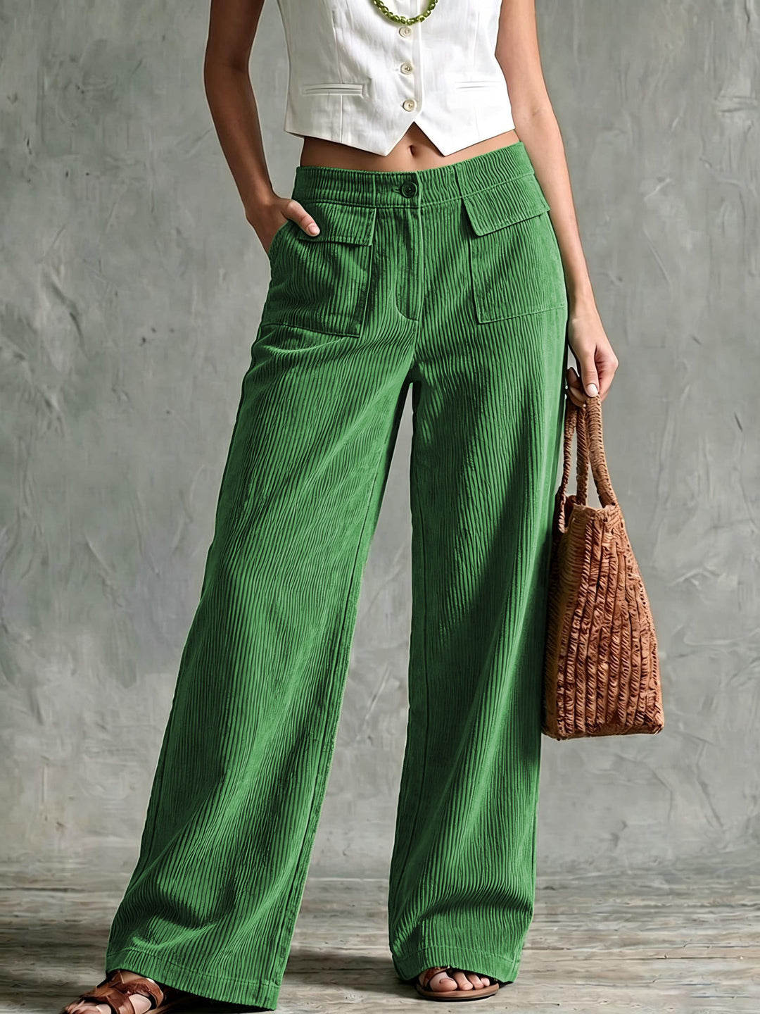 Damen Weite Cord-Palazzohose mit hoher Taille und aufgesetzten Pattentaschen Drune